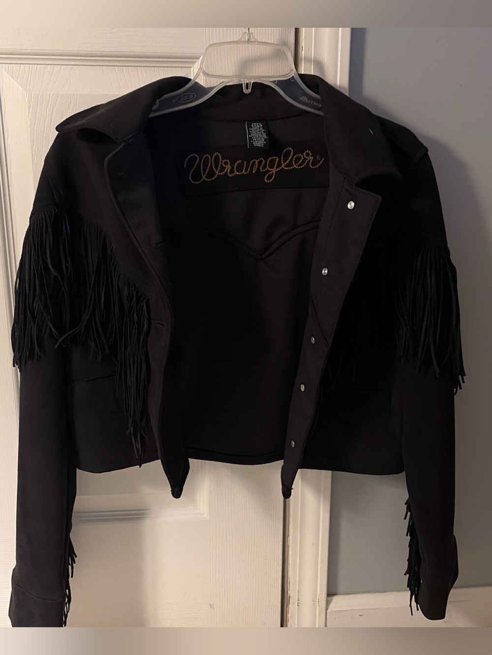 Wrangler Black Fringe Suede-Style Cropped Jacket